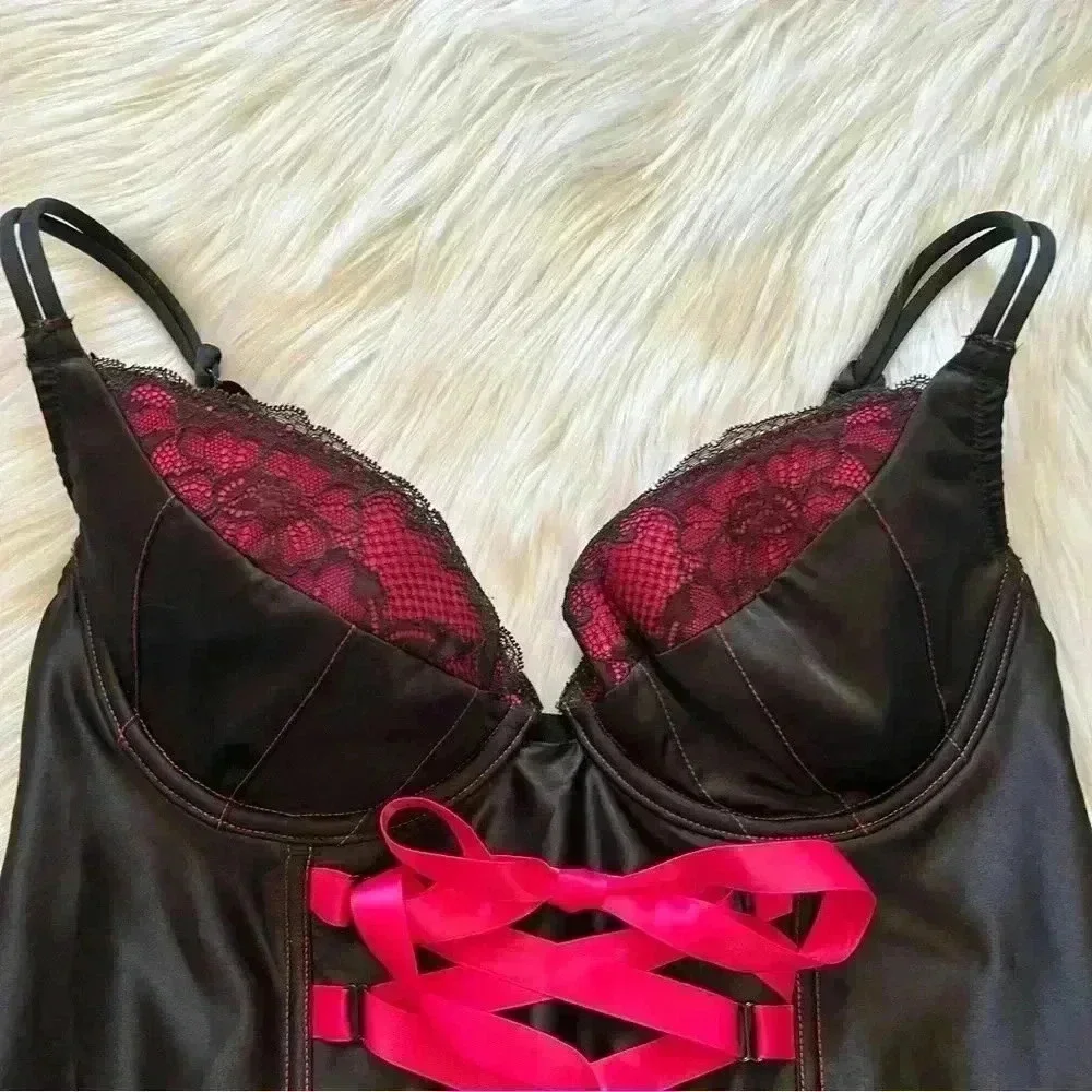 Cacique Corset Top Black Satin Neon Pink with Front Ribbon 14/16